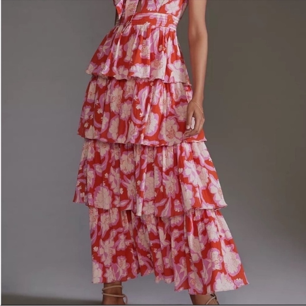 Anthropologie Vineet Bahl Red Floral Tiered Ruffle Cutout Maxi Dress 14 NWT - Picture 6 of 10